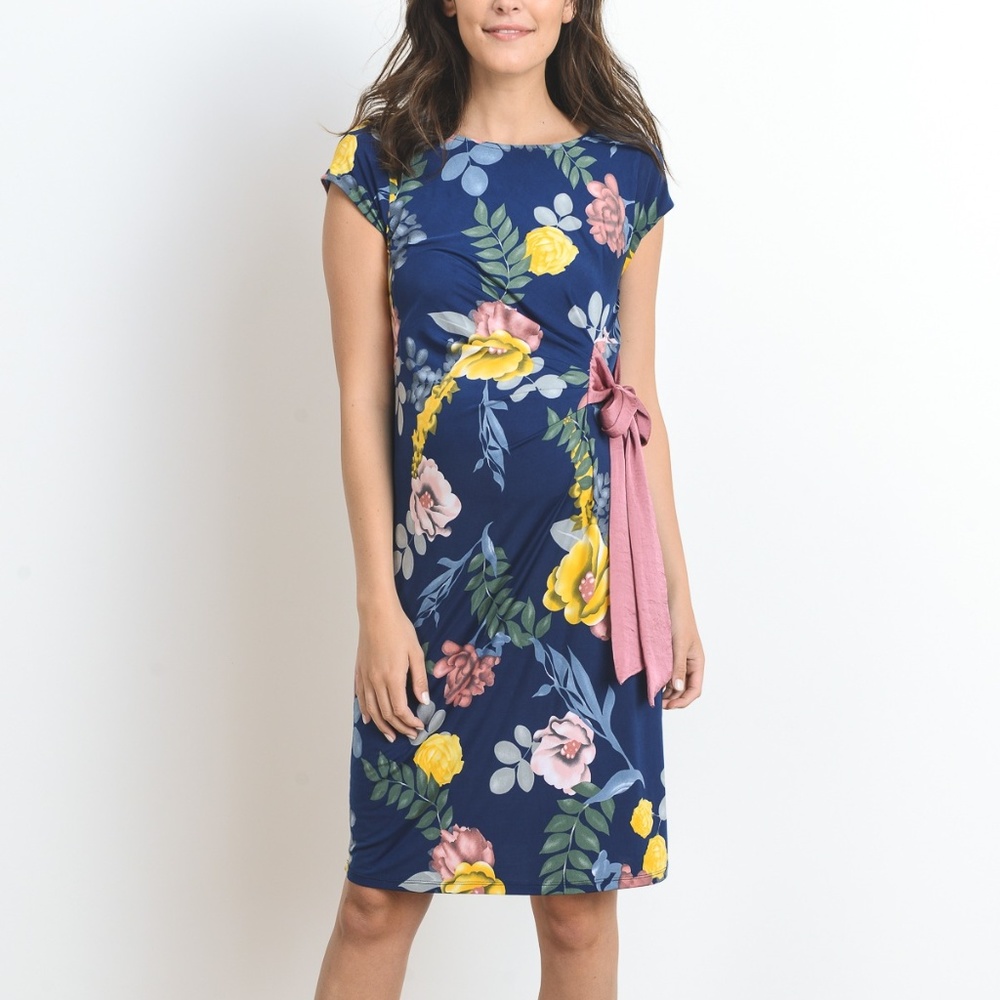 <CMD14434>  Navy/Mauve FLORAL Side Tie Maternity Dress